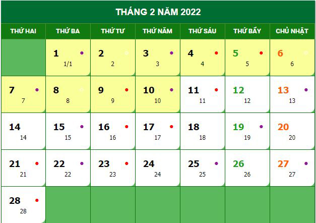 Lịch tháng 2 năm 2022