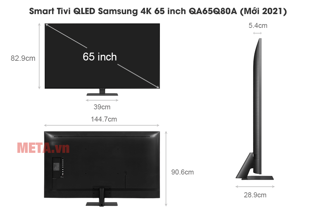 Kích thước Smart Tivi QLED Samsung 4K 65 inch QA65Q80A