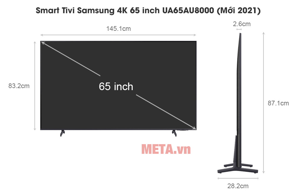 Kích thước Smart Tivi Samsung 4K 65 inch UA65AU8000