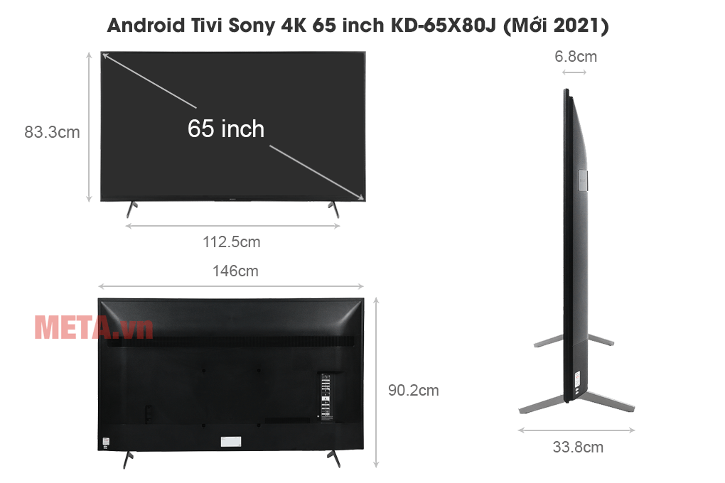 Kích thước Android Tivi Sony 4K 65 inch KD-65X80J