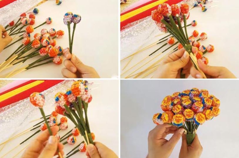 Cách làm bó hoa bằng kẹo mút đơn giản mà đẹp
