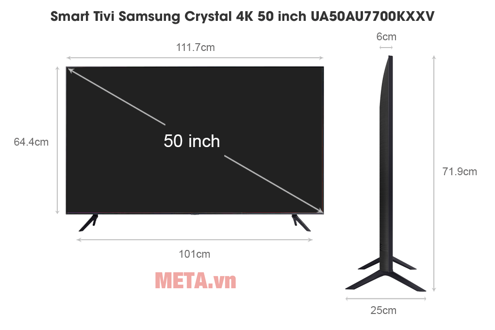 Kích thước Smart Tivi Samsung Crystal 4K 50 inch UA50AU7700KXXV