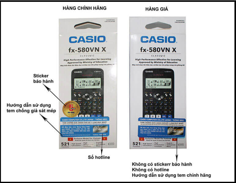 Nhận biết máy tính Casio 580 chính hãng với thiết kế bên ngoài