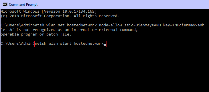 Gõ lệnh sau: netsh wlan start hostnetwork để khởi động điểm phát sóng wifi windows 10