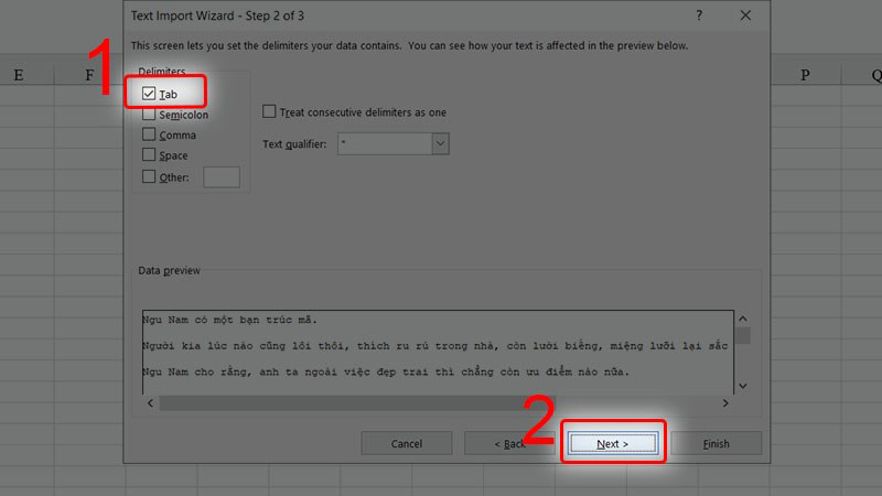 Nhấn dấu tick vào mục Tab -> Nhấn Text