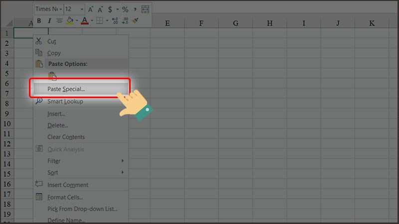 Mở file Excel -> Chọn vị trí muốn dán và click chuột phải chọn Paste Special