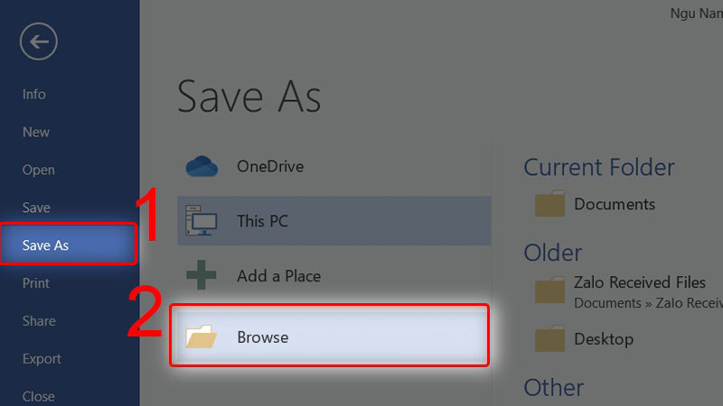 Nhấn chọn Save As -> Nhấn Browse (hoặc nhấn chọn F12) để mở cửa sổ Save As lưu file