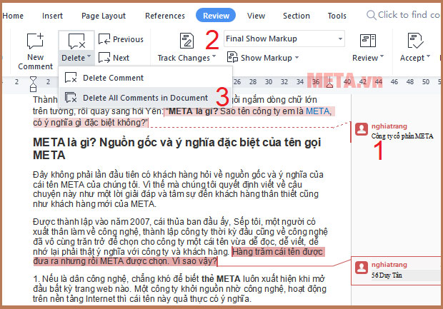 Cách xóa nhận xét trong Word
