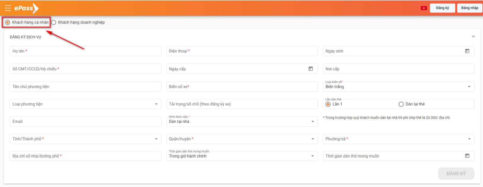 Bấm vào mục Khách hàng cá nhân rồi điền thông tin cá nhân của bạn