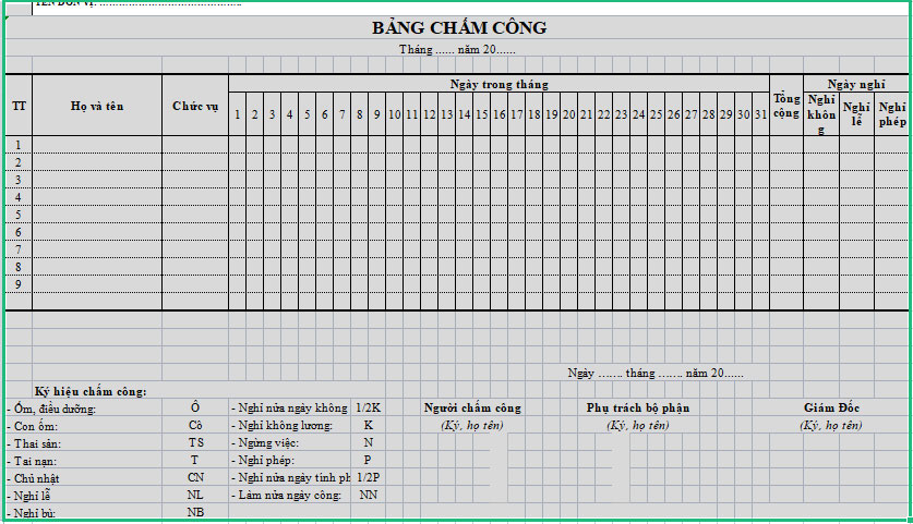 Mẫu bảng chấm công 2022