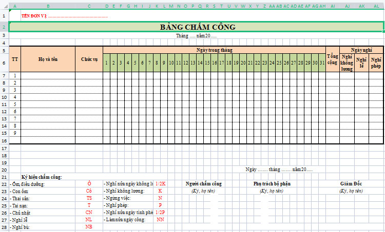 Mẫu bảng chấm công 2022