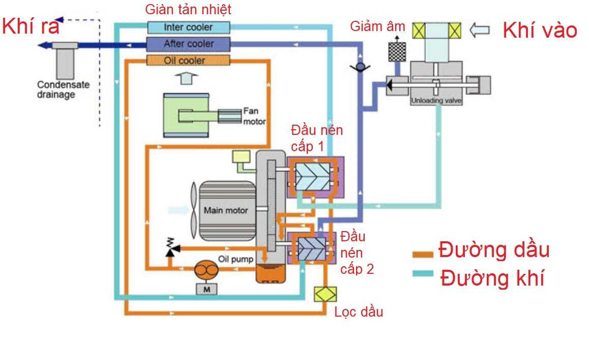 Sơ đồ nguyên lý làm việc của máy nén khí trục vít không dầu