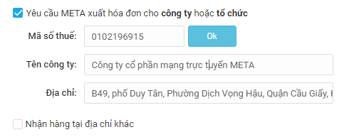 Giá bán hàng tại META.vn đã bao gồm VAT, quý khách có quyền yêu cầu xuất hóa đơn tài chính. META.vn bán hàng cung cấp đầy đủ hóa đơn GTGT